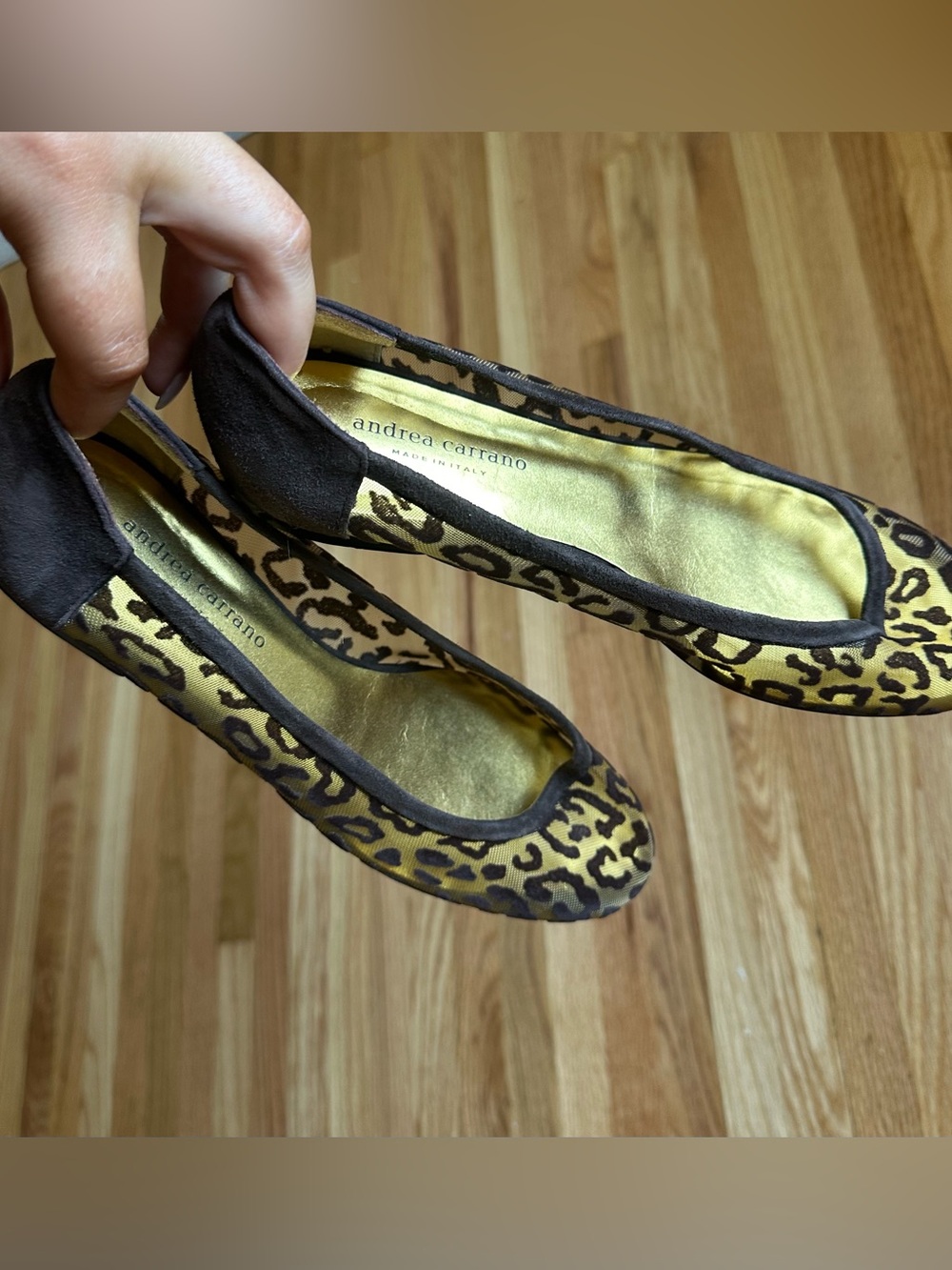 Andrea Carrano Mesh Leopard Print Ballet Flats in Gold and Brown
